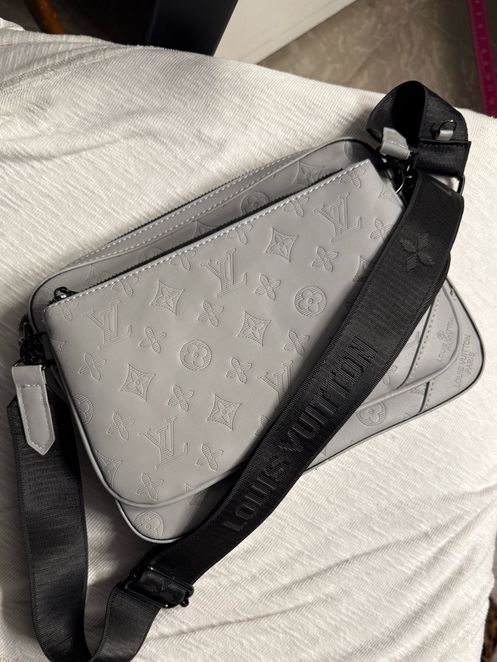 Inspired Gray Embossed Monogram Messenger Crossbody
